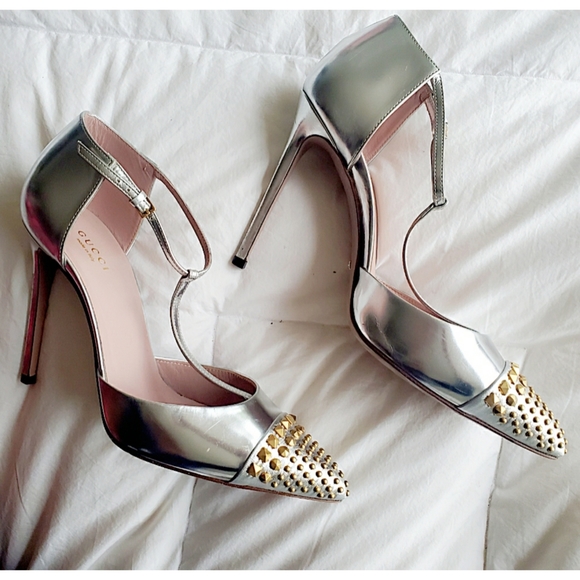Gucci Silver Argento Gold Studded Women Pumps - Picture 10 of 13